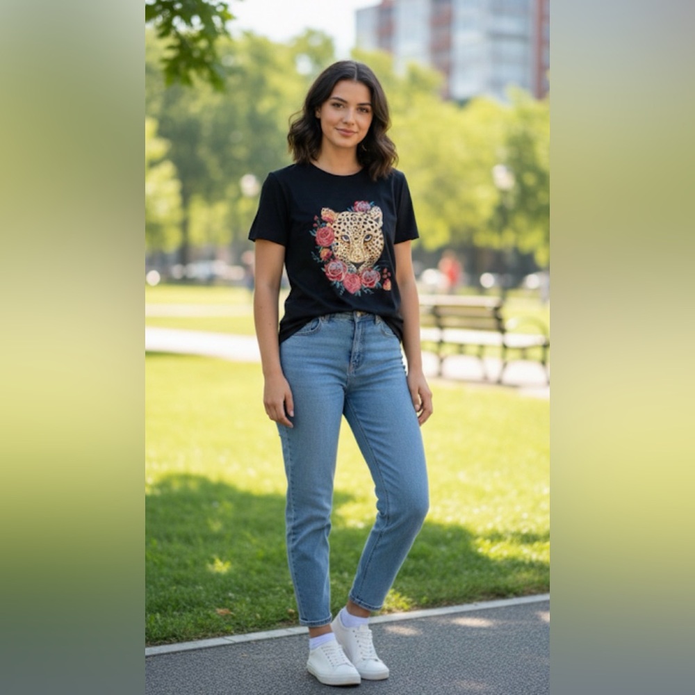 Sabanna Jane Black T-Shirt with Leopard and Embroidery Floral Design Boho Casual